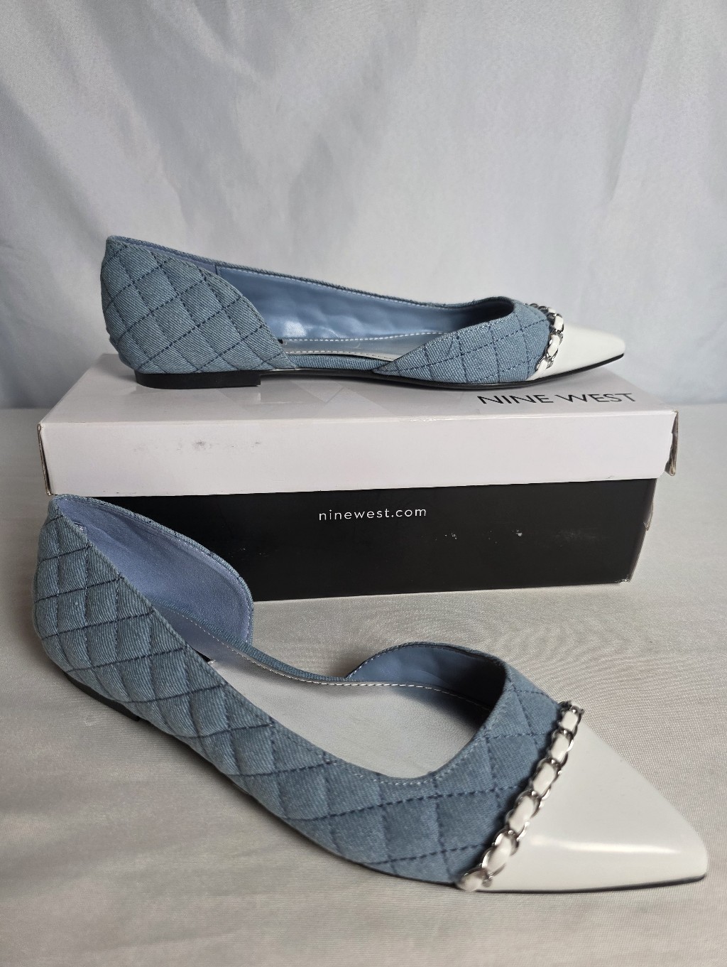 Nine West Light Blue/White Pointed Toe Quilted Denim Flats Women's Size 7m